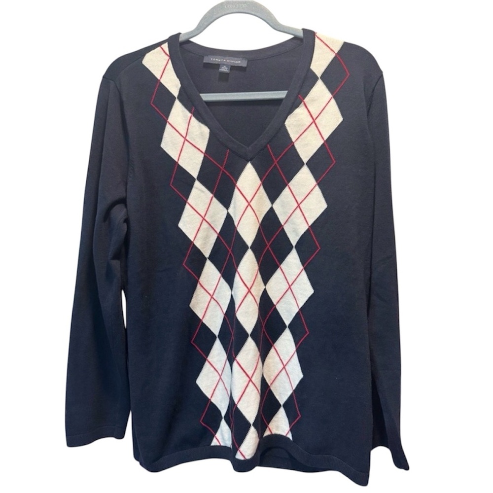 Tommy Hilfiger Navy V-Neck Argyle Sweater with White and Red Accents